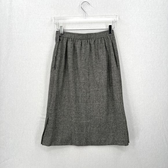 VINTAGE 70s SAINT LAURENT Wool Houndstooth Plaid Pencil Skirt XS Black White - Picture 3 of 16